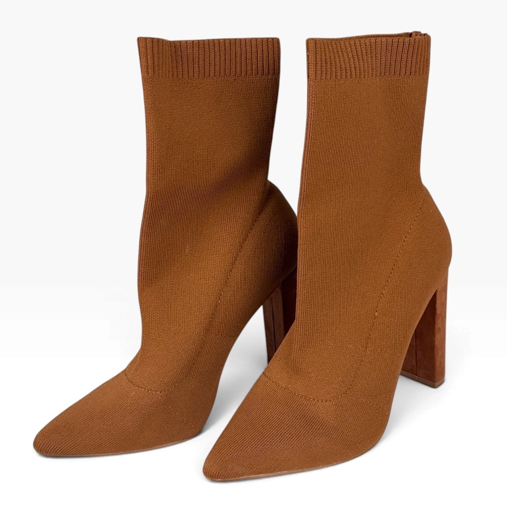 Liliana Cognac Brown Knit Sock Boots Pointed Toe Block Heel Size 9